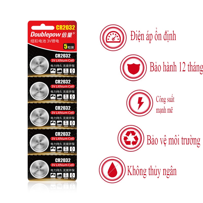 [Vỉ 5 viên] Pin nút CR2032 (màu đỏ) Doublepow công suất cao chuyên dành cho chìa khóa ô tô, thiết bị y tế