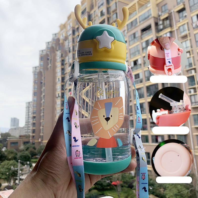 Lithium067 Bình Uống Nước Cho Bé Cốc nước Dung tích lớn Mùa hè Mẫu giáo Hình con hươu nhựa có ống hút cho trẻ em