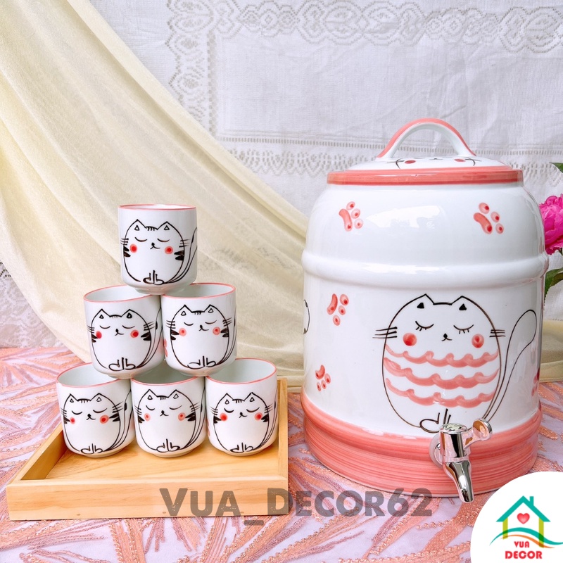 Bộ Bình đựng nước Gốm Sứ Bát Tràng có vòi, bình gốm 9 lit Hình Mèo Hồng Decor Cực Xinh