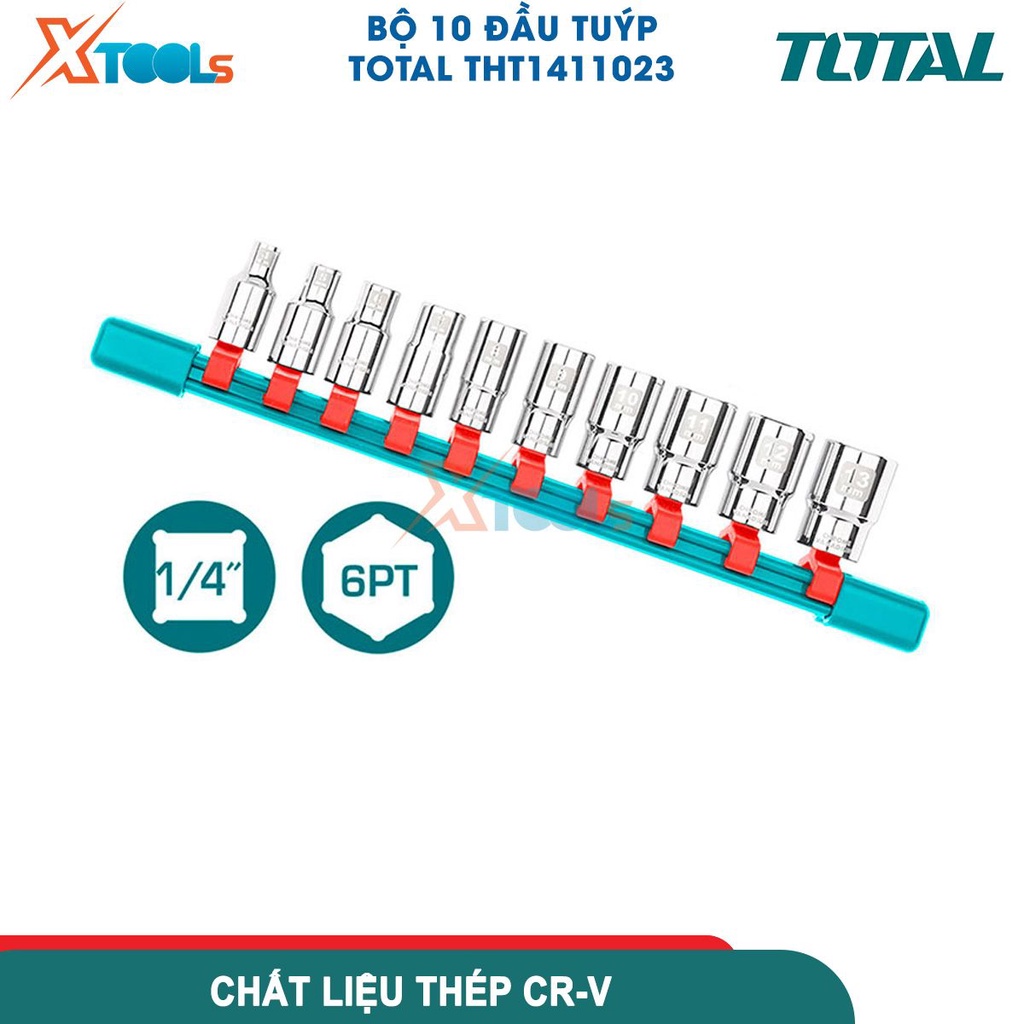 Bộ 10 đầu tuýp 1/4 inch, kích thước  5-6-7-8-9-10-11-12-13-14mm đầu tuýp chất liệu 50BV30, thép CrV -CHÍNH HÃNG-XTOOLS