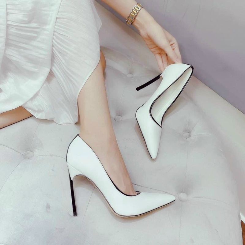 tuv Giày Cao Gót Trắng 10p Viền Đen Casadei Da Mềm Êm Fullbox Bill Túi Cao Cấp