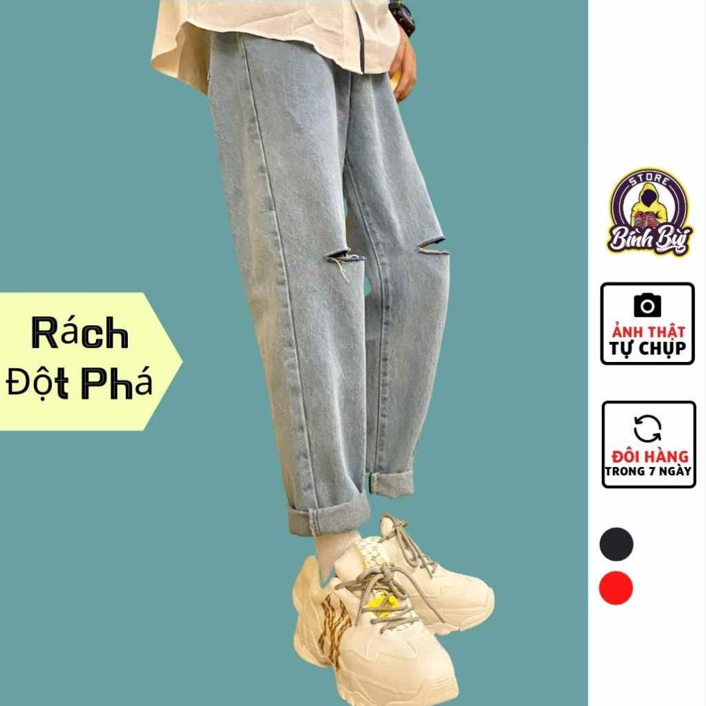Quần Jean Nam Rách Gối Ống Côn Baggy Dáng Đứng Phong Cách Ulzzang Hàn Quốc !