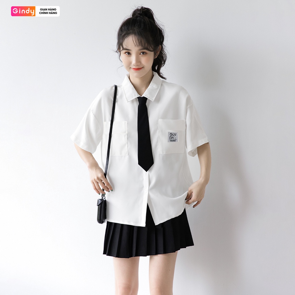 Áo sơ mi nữ tay lỡ GINDY cổ bẻ cà vạt chất kate form rộng dáng suông thời trang sơmi công sở, sơmi học sinh  A11120
