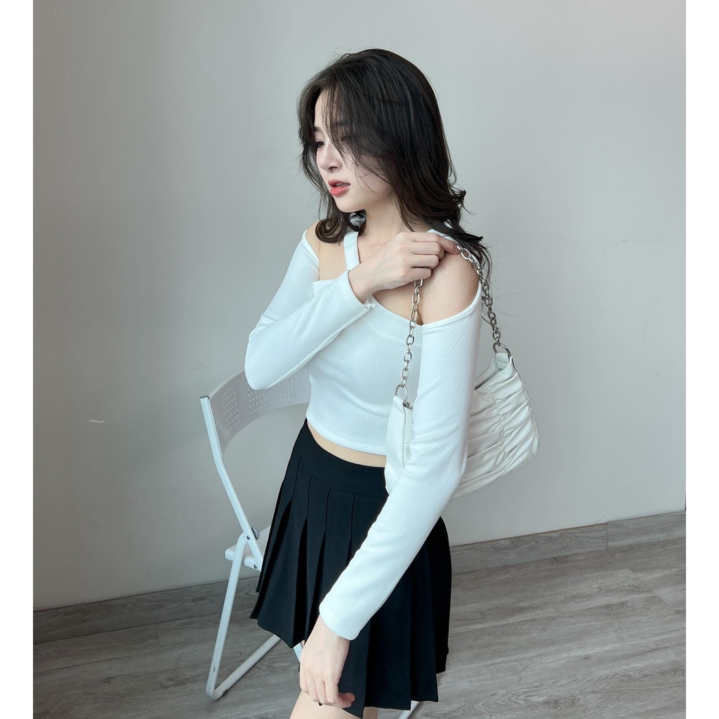 Áo croptop gân  trễ vai đen chéo thời trang Miho house