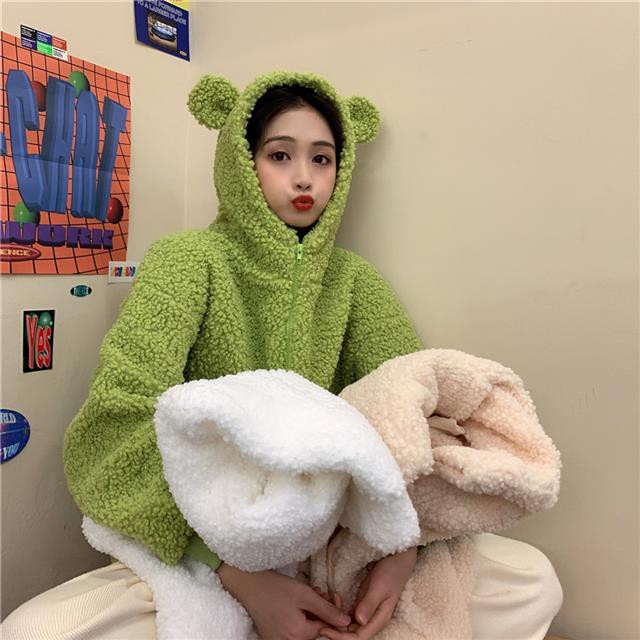 Dễ Thương Áo Khoác Len Lông Cừu Có Mũ Trùm Đính Tai Đáng Yêu | BigBuy360 - bigbuy360.vn