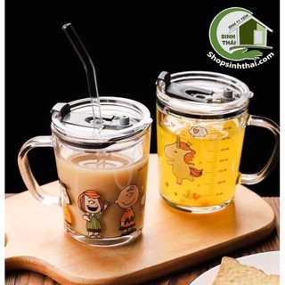 Ly uống nước thủy tinh chịu lực, có chia vạch, có ống hút và nắp đậy 400ml