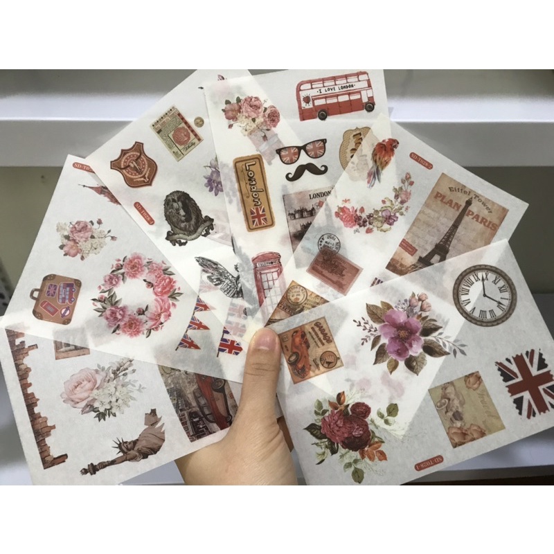 Bộ 6 tấm sticker vintage hình dán dễ thương trang trí sổ tay cute, Nhật ký, Bullet Journal chất liệu washi