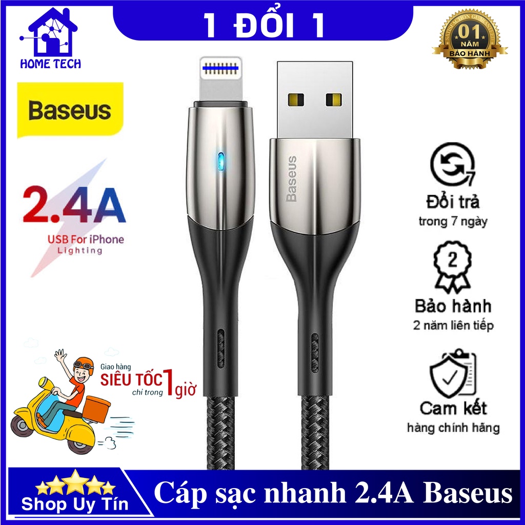Dây Cáp Sạc Nhanh Có Đèn Baseus 2.4A dài 1 mét cho iP, Chất Liệu Nylon Siêu Bền Chống Đứt Gãy, Hàng Chính Hãng