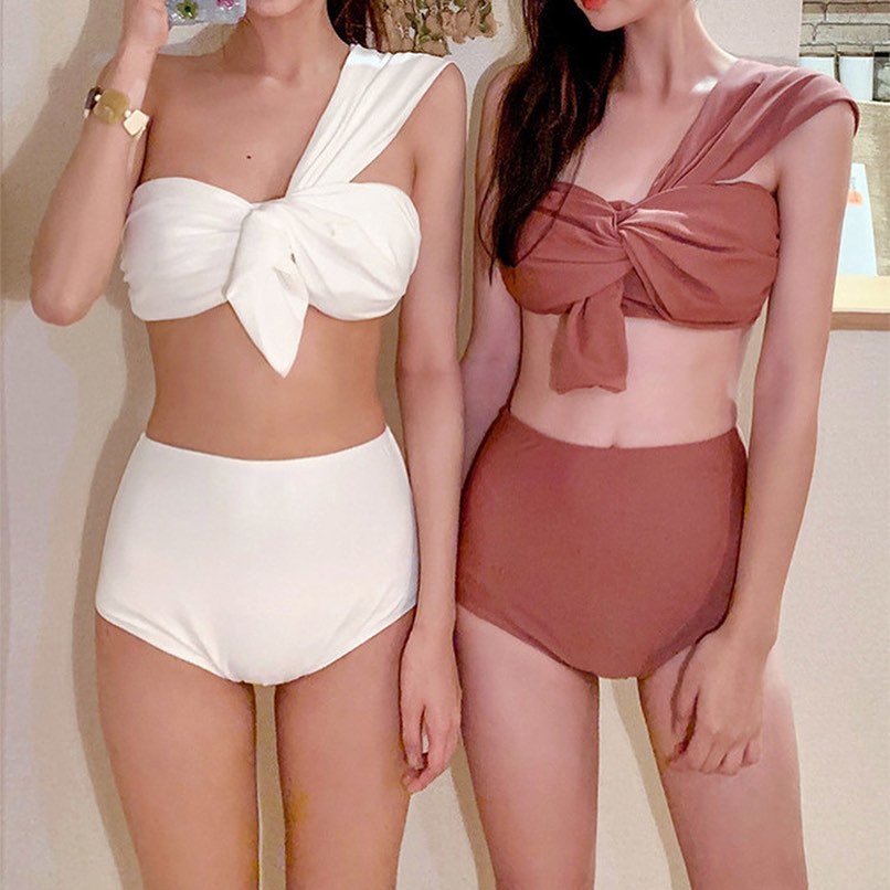 BIKINI Bộ đồ bơi nữ đi biển 2 mảnh lệch vai áo bơi có sẵn mút (cài sau lưng) - quần bơi cạp cao