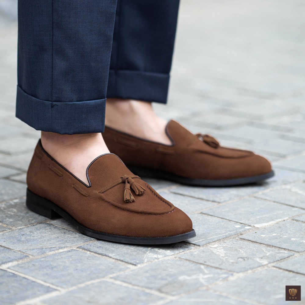 Giày Lười Nam Tassel Loafers Don Italiano Da Lộn Nâu Nhạt