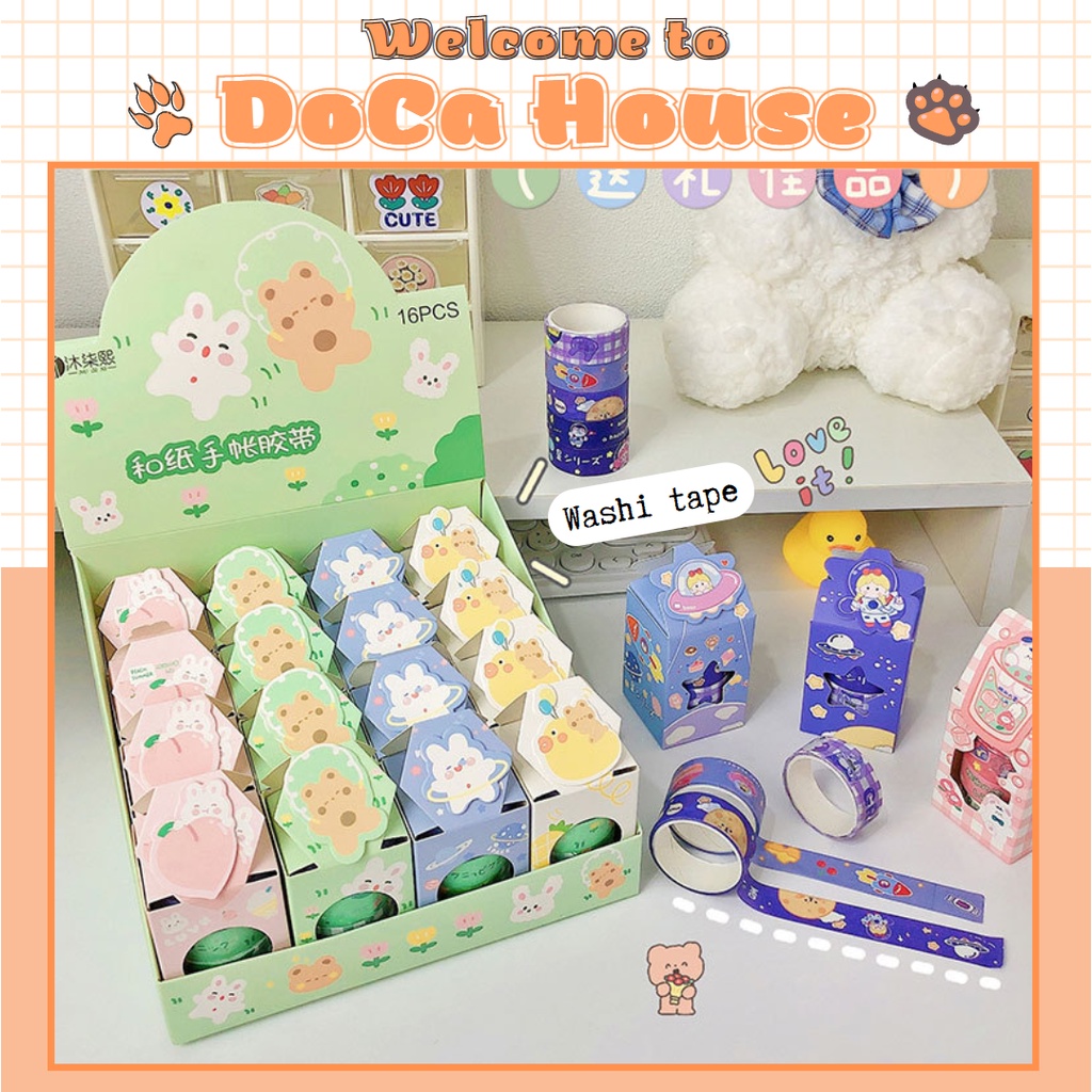 Hộp 4 cuộn washi tape DOCA, băng dính giấy, băng keo dán trang trí sổ tay nhiều chủ đề đáng yêu