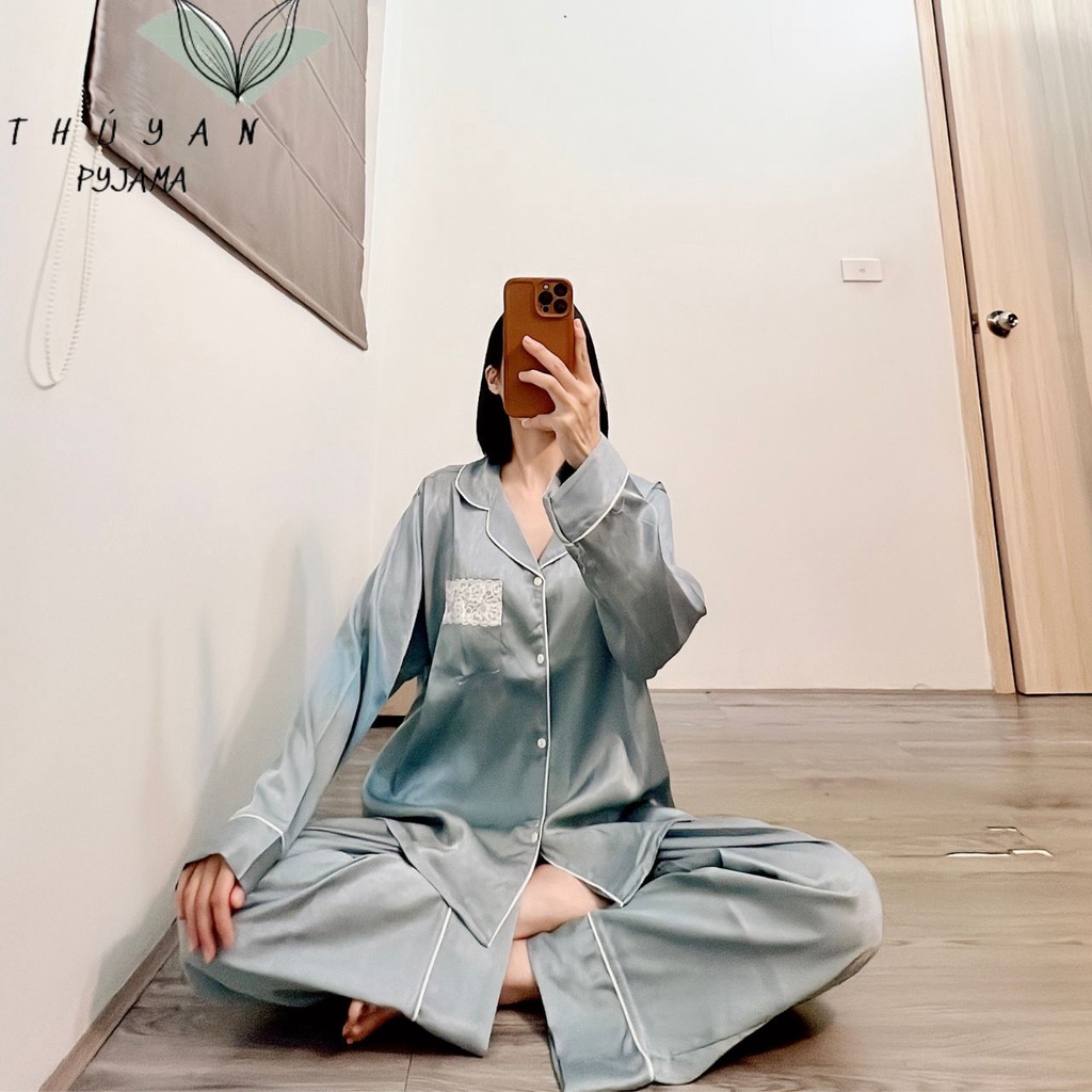 Bộ Pijama nữ bigsize màu xanh ghi ngọc tay dài chất lụa xước vân gỗ ko nhăn dành cho nữ, mẹ bầu 60 - 90kg