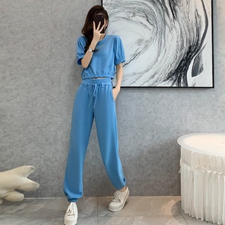 Bộ đồ nữ mặc nhà cộc tay màu xanh vải cotton 4c mềm mát, Set đồ bộ nữ thể thao bo chun phong cách