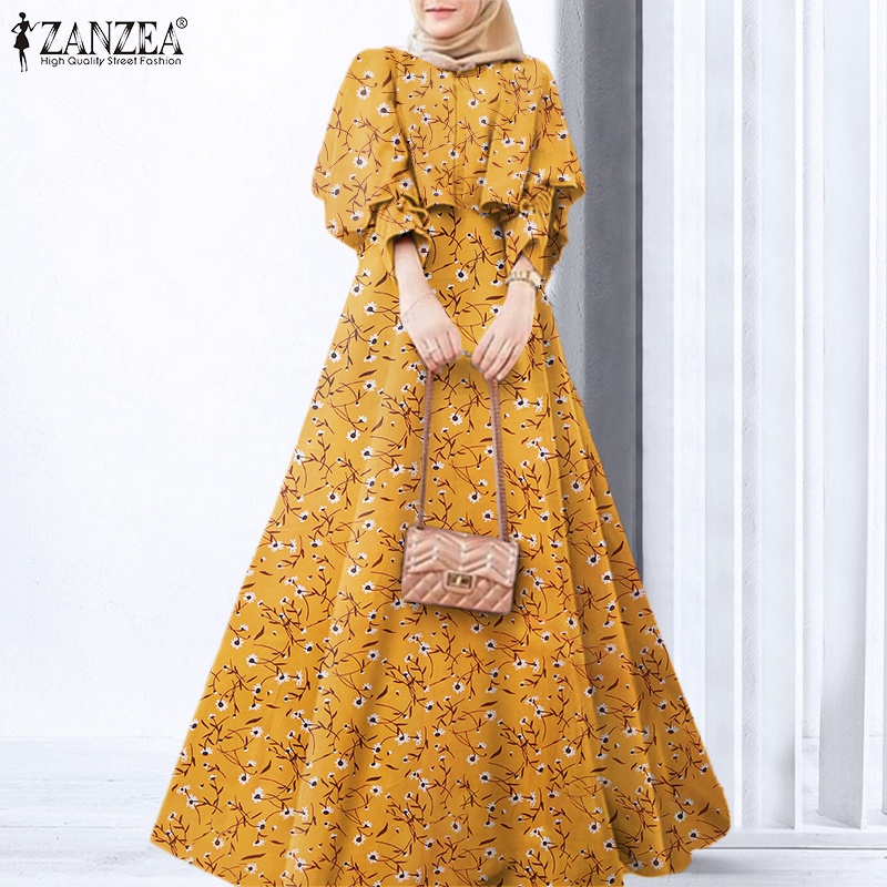 Đầm dài ZANZEA tay phồng thời trang phong cách Hồi Giáo tùy chọn màu sắc dành cho nữ