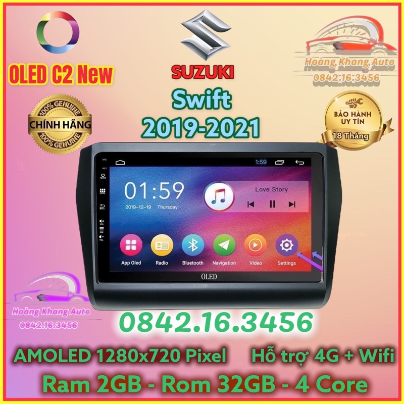 Màn hình Android OLED C2 New Theo Xe Suzuki Swift 2019 - 2021, 9 inch kèm dưỡng và jack nguồn zin theo xe
