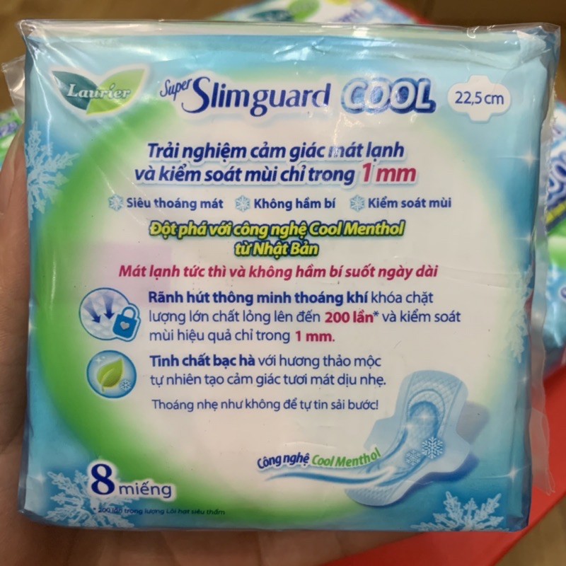 Combo 4 gói Băng Vệ Sinh Laurier Super Slimguard Cool Mát lạnh &amp; Kiểm soát mùi 22.5cm ( 8 miếng )