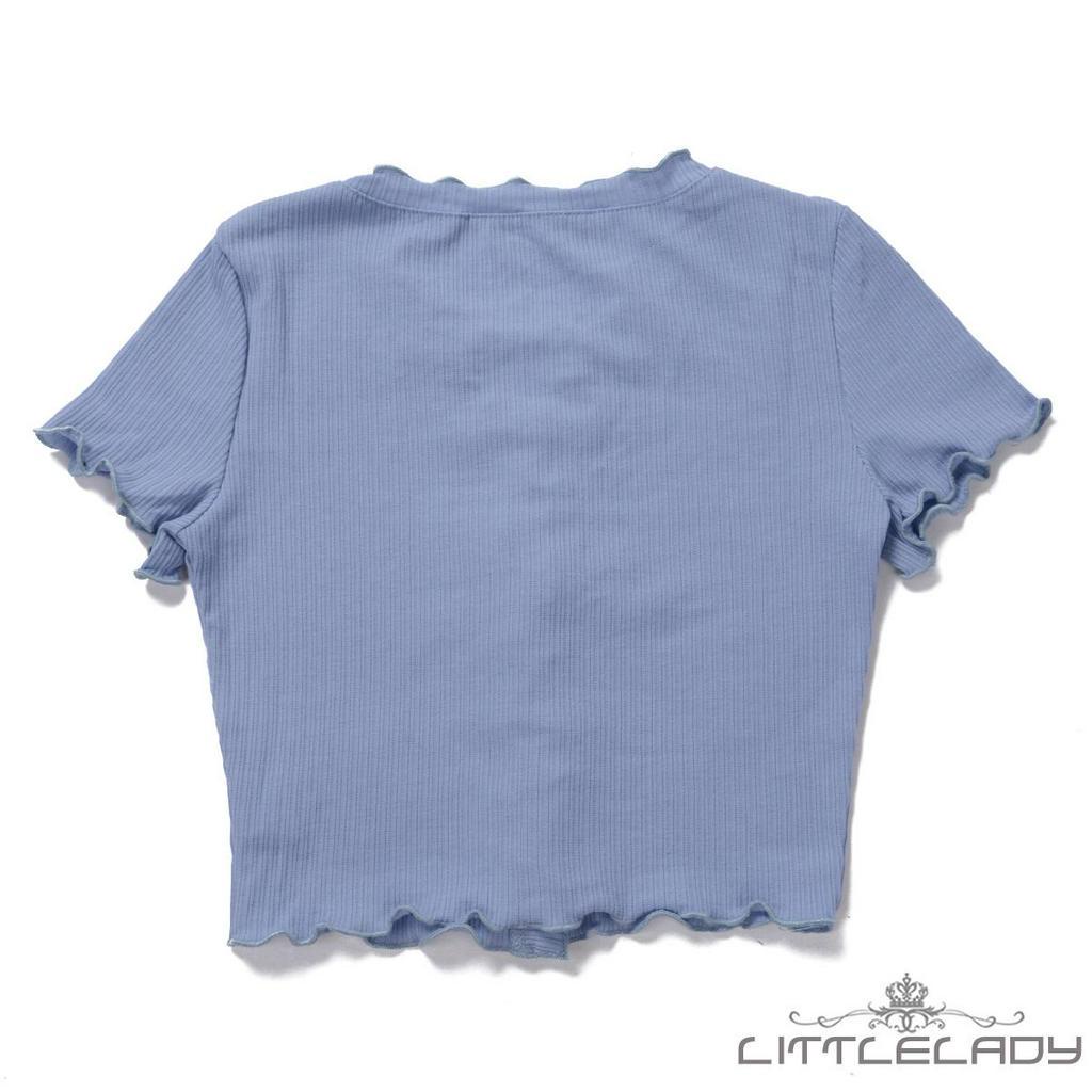 Áo kiểu croptop dệt kim có cài nút màu xanh dương trơn thời trang mùa hè dành cho nữ