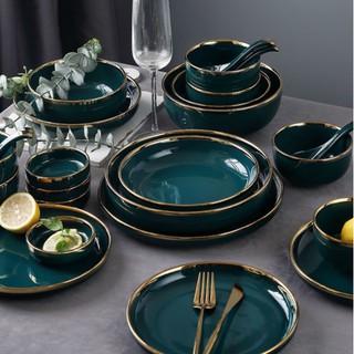 (kèm hình thật) ( bán theo set) bộ chén bát màu xanh cổ vịt viền vàng (viền vừa)