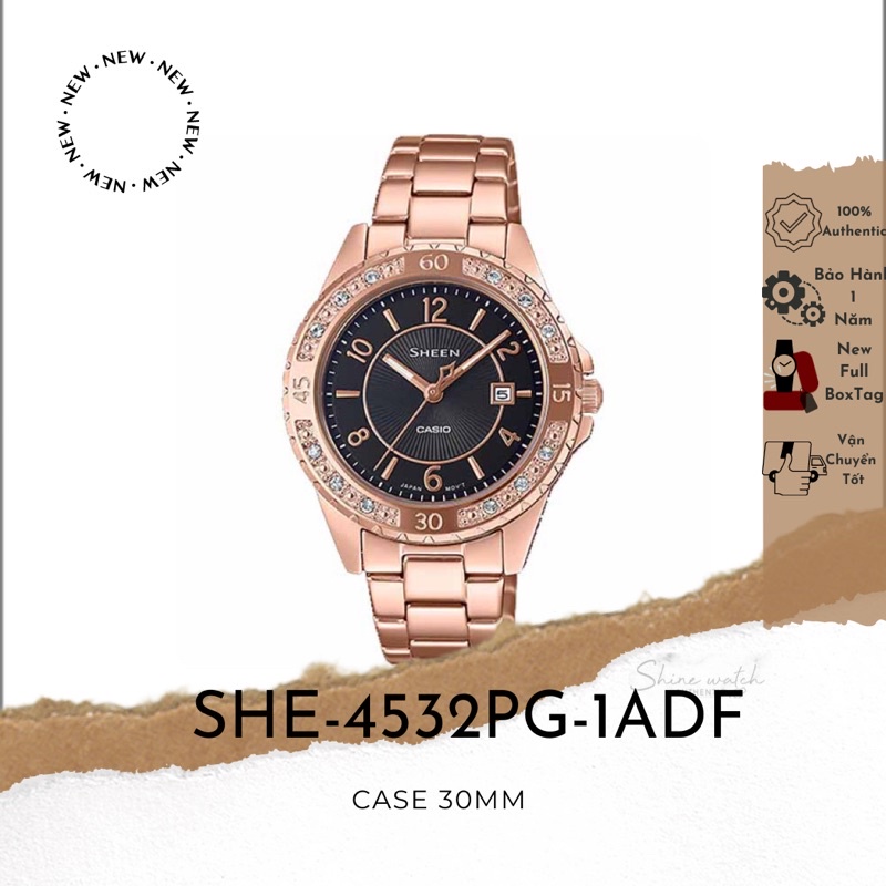 Đồng Hồ Nữ Casio Sheen SHE-4532PG-1ADF Dây Kim Loại Mạ Vàng - Mặt Kính Sapphire Chống Trầy - Viền Mặt Đính Đá