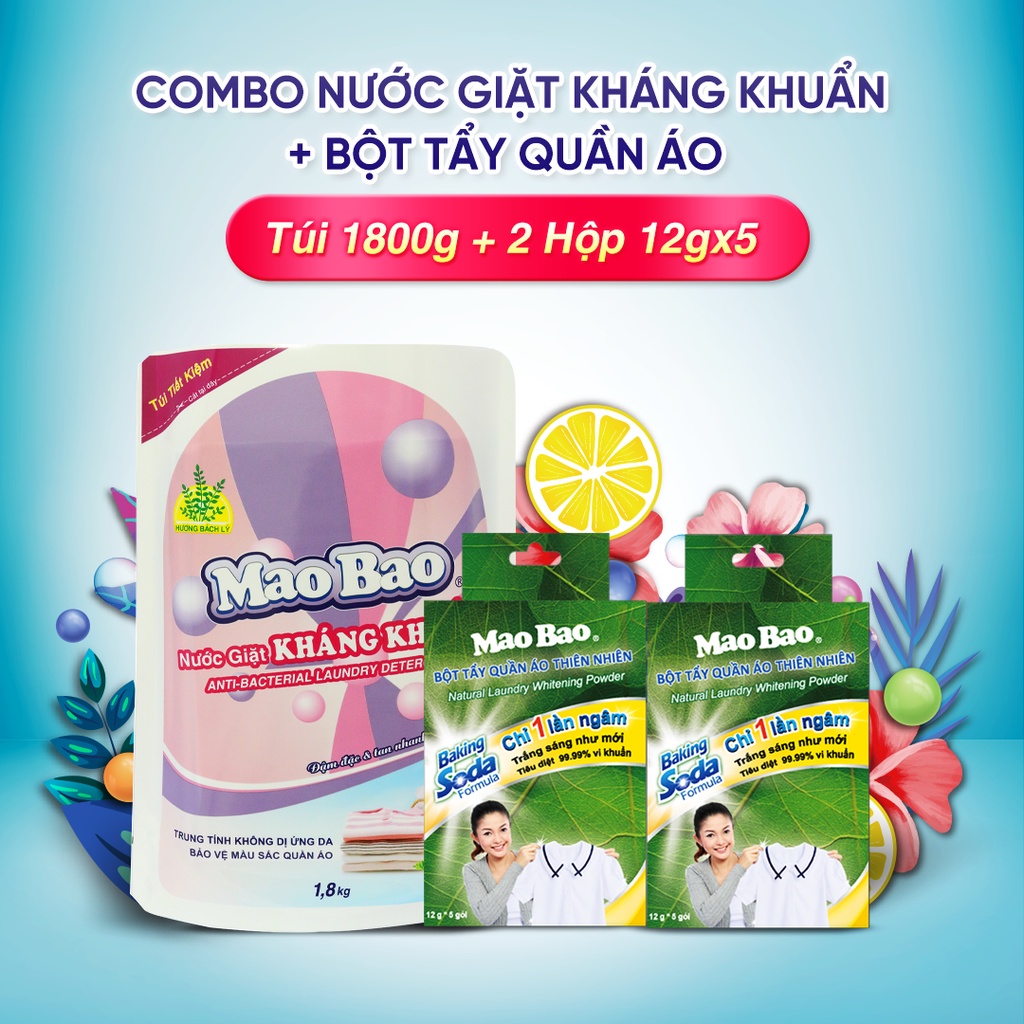 Combo 01 Túi Nước Giặt Kháng Khuẩn Mao Bao 1800g + 02 Hộp Bột Tẩy Quần Áo Thiên Nhiên Mao Bao 12gx5 gói (10 gói/2 hộp)