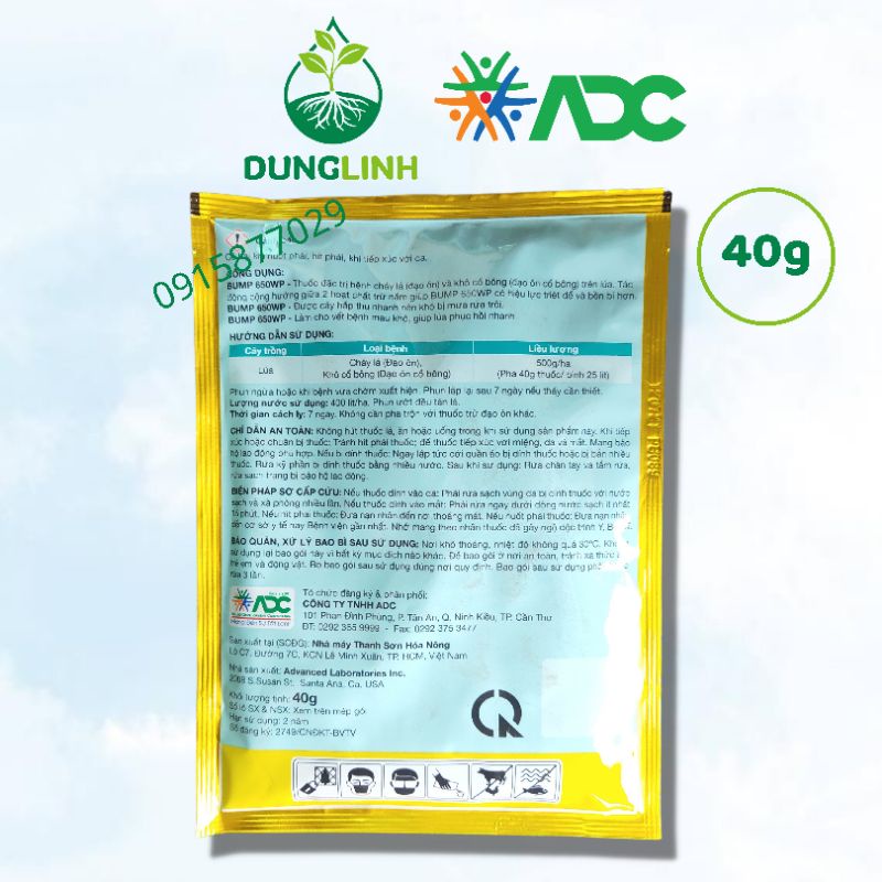 THUỐC TRỪ BỆNH BUMP 650WP gói 40g ADC - ĐẶC TRỊ CHÁY LÁ, ĐẠO ÔN CỔ BÔNG