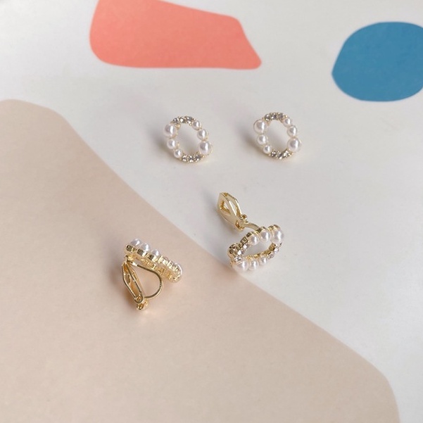 Khuyên tai kẹp không bấm lỗ chốt cố định K182 bằng hợp kim mạ vàng hình khối đính hạt trai dáng ngắn Leous Accessories