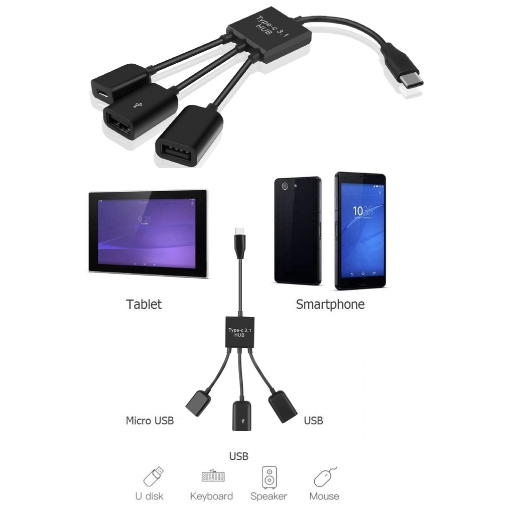 Cáp OTG USB Type C 1 ra 2 đầu USB, 1 đầu micro USB chất lượng cao,kết nối chuột, phím, thiết bị,...