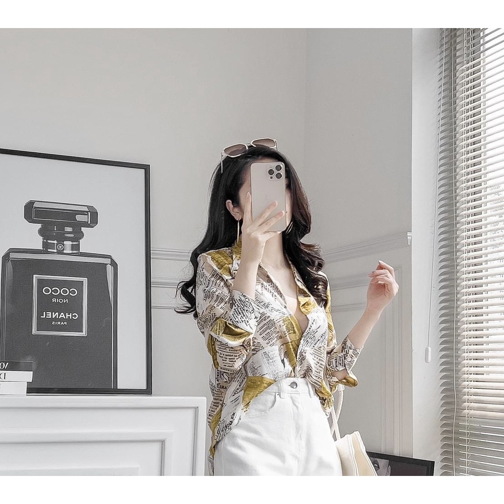 Áo sơ mi nữ lụa dài tay cao cấp công sở họa tiết tờ báo chữ, áo sơ mi họa tiết thiết kế MQ Boutique