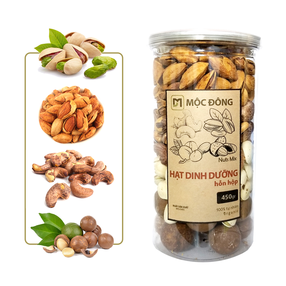 Hộp 450gr mix hạt dinh dưỡng 4 loại hạt macca, hạt điều, hạt hạnh nhân, hạt dẻ cười