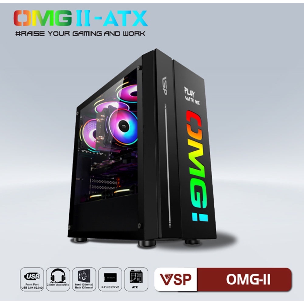 Case Gaming VSP OMG-II Mid Tower Black ( Mặt trước Có sẳn LED RGB, Hông kính cường lực). VI TÍNH QUỐC DUY