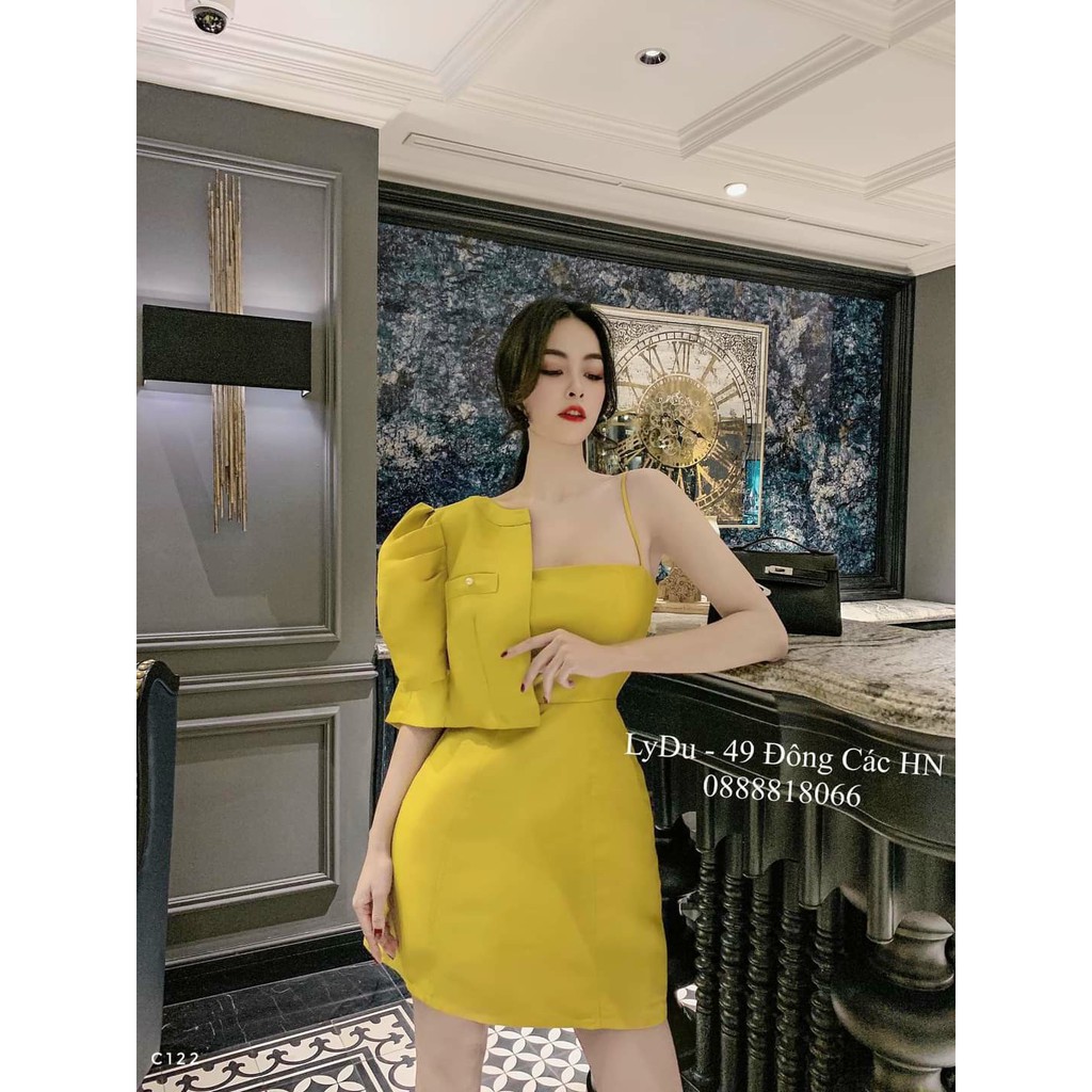 Set đầm 2 dây kèm áo khoát tay phồng mặc rời nếu thích