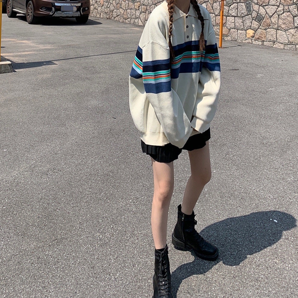 Áo sweater tay dài cổ polo dáng rộng họa tiết sọc ngang thời trang mới | BigBuy360 - bigbuy360.vn