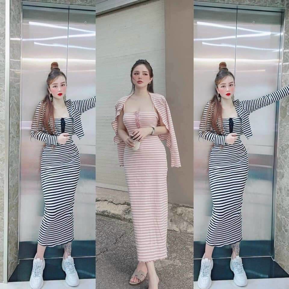 sét đầm gân sọc kẻ 2 dây kèm áo khoác ngoài
