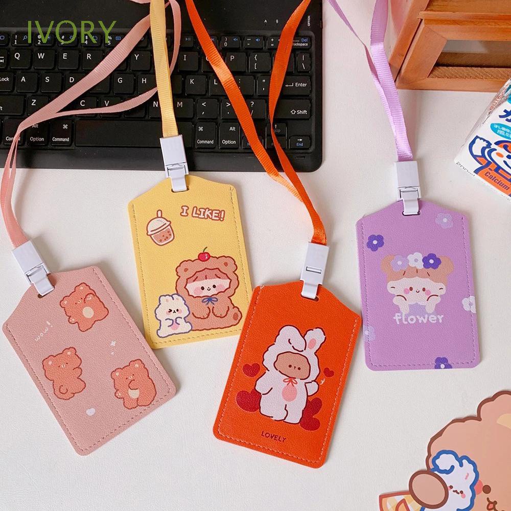 Dây Đeo Thẻ Id Bằng Da Họa Tiết Gấu Dễ Thương Nhiều Màu Sắc