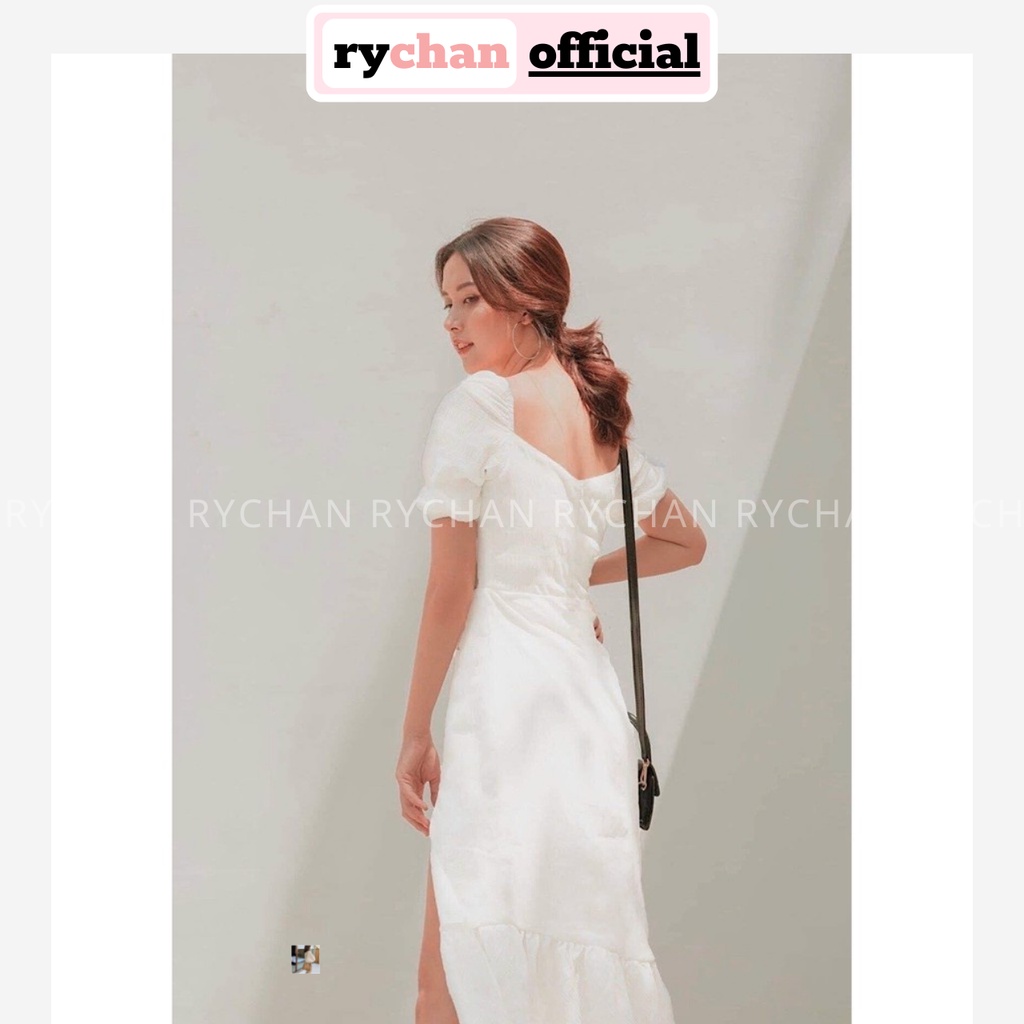 Đầm Xòe Midi Trắng Tay Phồng Xẻ Tà Viền Bèo Lót Trong Dày Dặn [Ảnh Thật Cuối] - DX9978