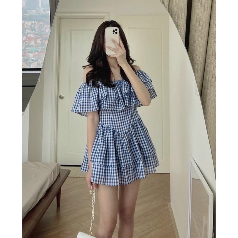 Đầm trễ vai kẻ caro, Váy trễ vai 2 tầng xanh có quần bảo hộ tiểu thư ulzzang Maitrangshop92 (TTA97)
