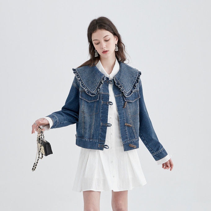 ☍Áo Khoác Denim Cổ Búp Bê Phong Cách Hong Kong Thời Trang Mùa Xuân 2022 Mới Cho Nữ