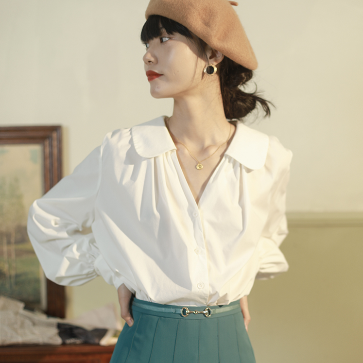 Áo Sơ Mi Tay Phồng Màu Trơn Phong Cách Retro Thanh Lịch Dành Cho Nữ