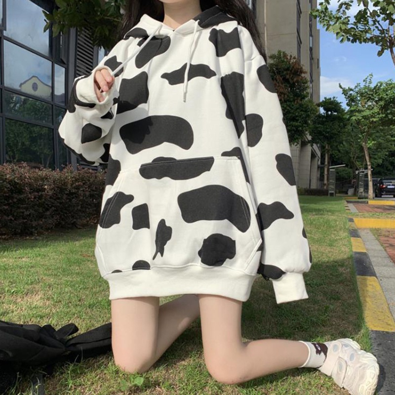 Áo Hoodie Dây Rút Tay Dài Dáng Rộng In Họa Tiết Bò Sữa Dễ Thương Phong Cách Harajuku Cho Nữ