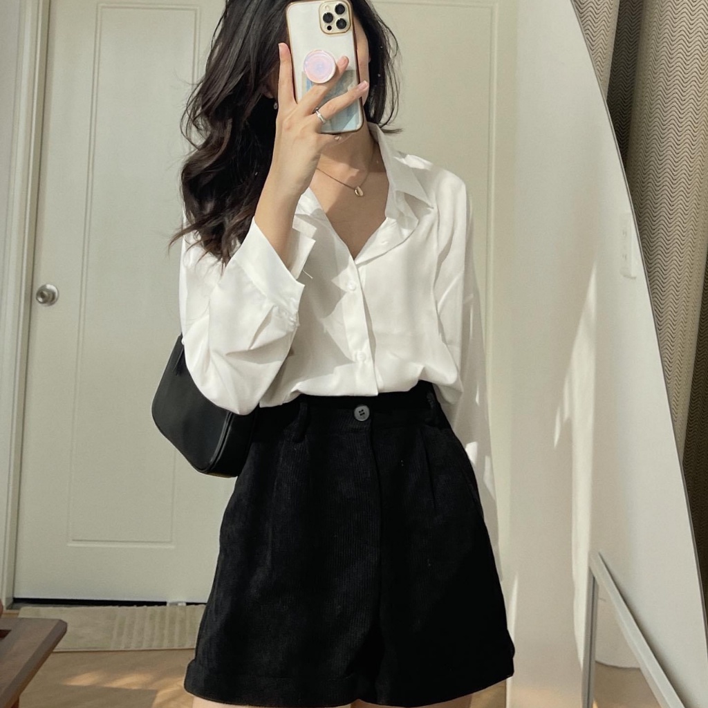 Áo sơ mi nữ trắng form rộng dài tay Hada, chất vải lụa đẹp phong cách đơn giản - SM02