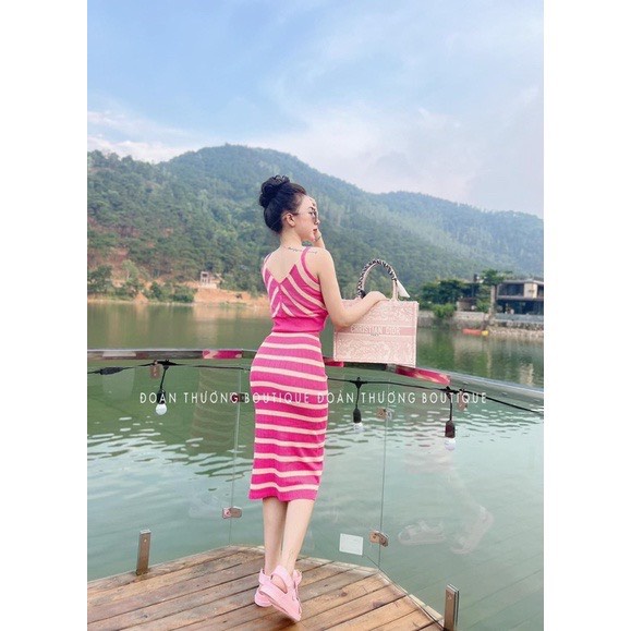 Set mongtoghi nữ áo 2 dây chân váy body dáng dài , set len mỏng kiểu 2 dây body kẻ hồng