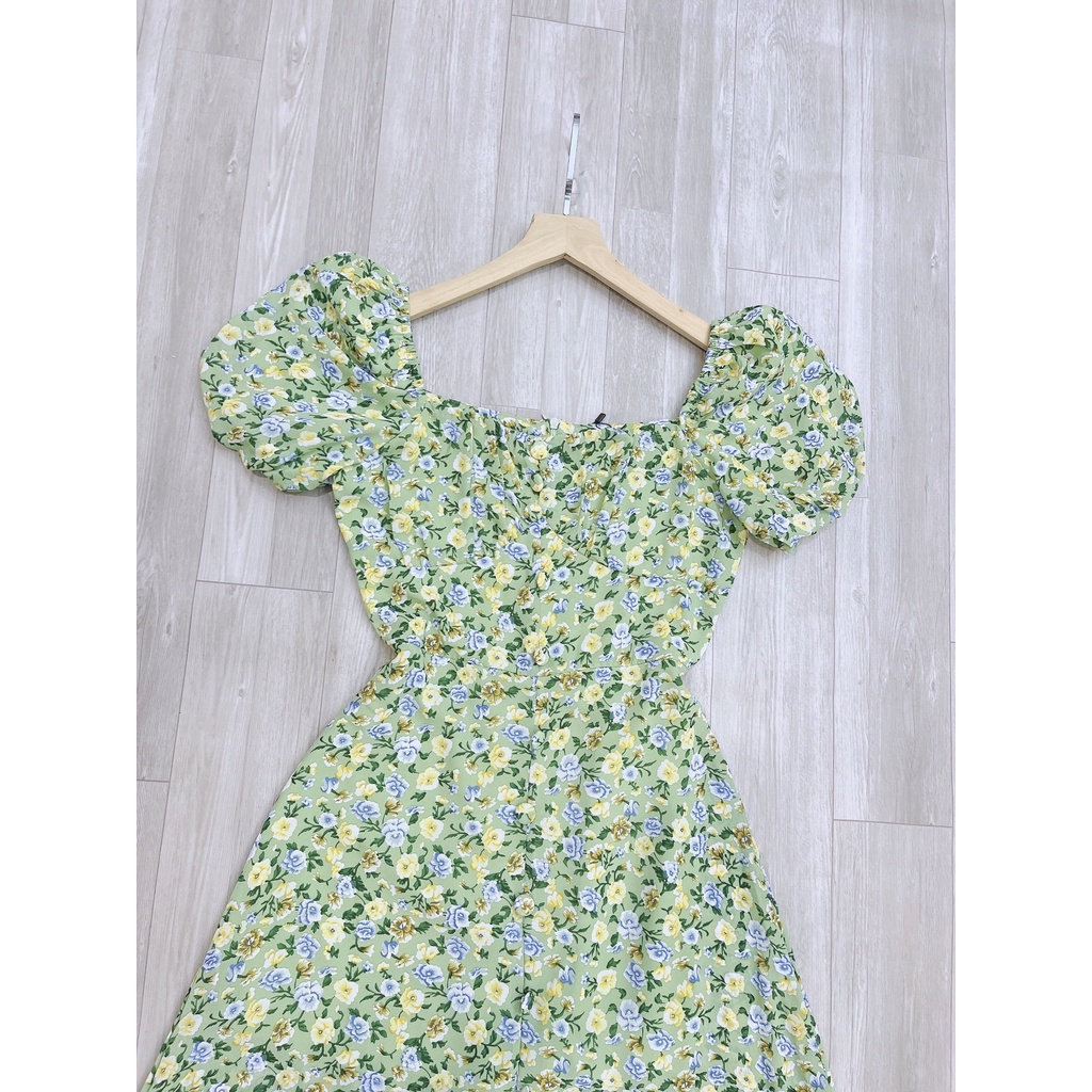 Váy hoa cổ vuông đầm xanh cúc bọc maxi dúm ngực xẻ tà 2 lớp hàng thiết kế sang chảnh-Minxy shop