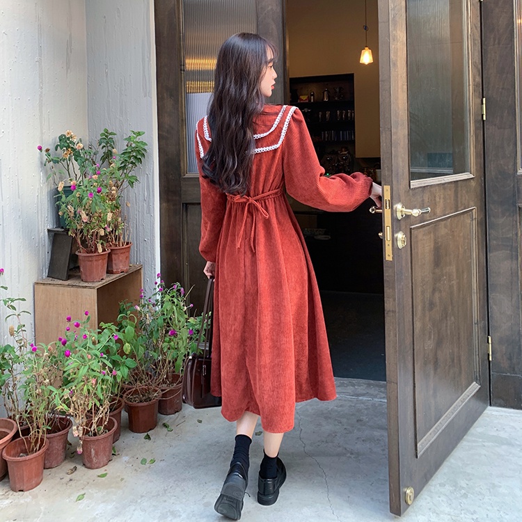 SUXI Đầm lửng tay dài phong cách Hàn Quốc