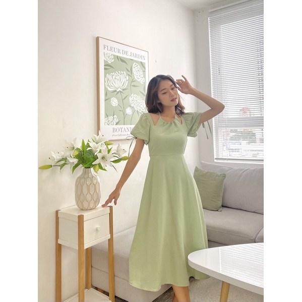 Đầm midi cổ yếm màu hồng ( có bigsize )