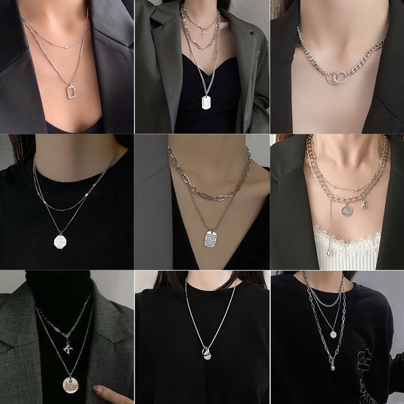 Vòng cổ hai lớp bằng thép không gỉ phong cách hip hop đơn giản dành cho nam