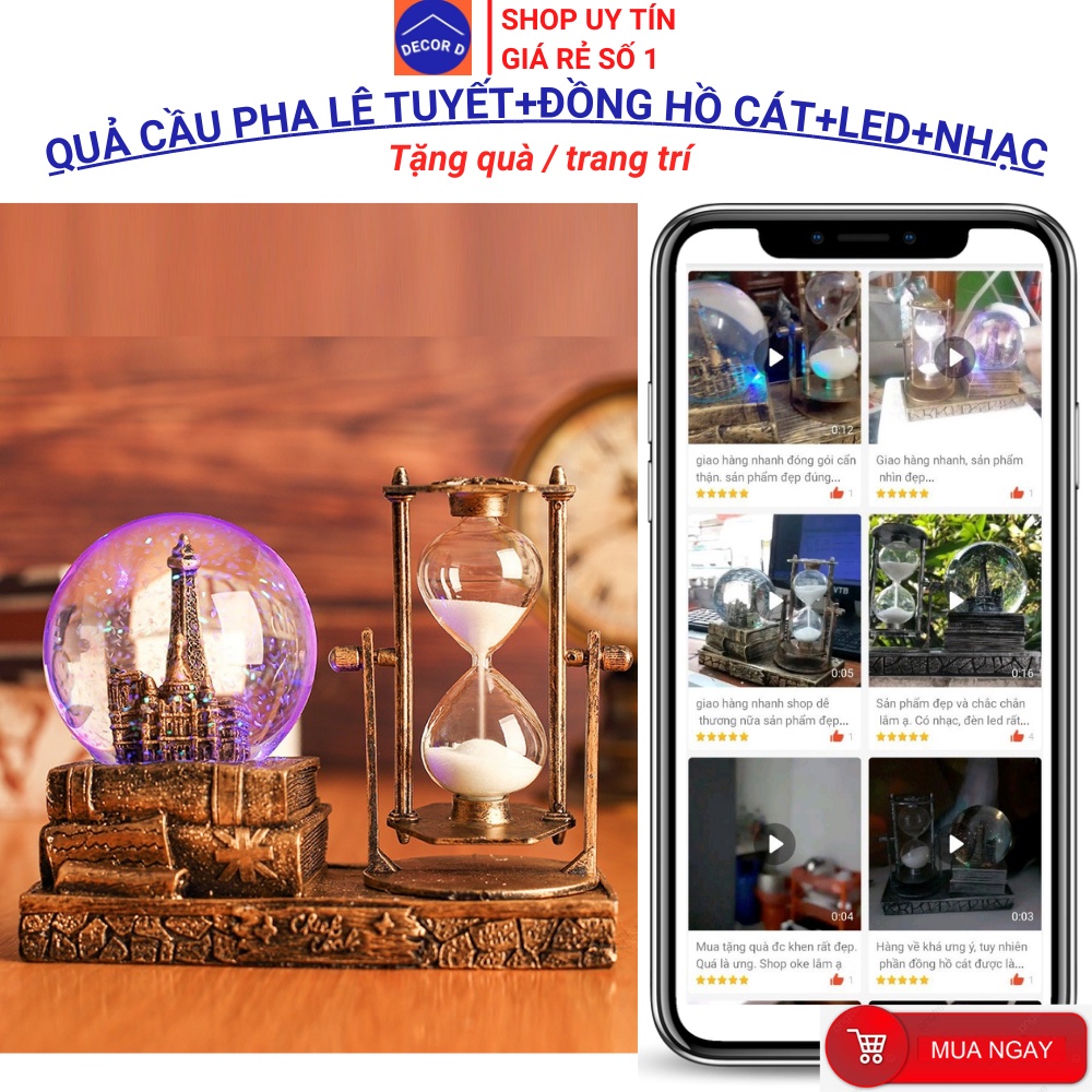 Đồng hồ cát, Quả cầu pha lê tuyết tháp cổ - Ánh sáng led, Nhạc cổ điển, Kim tuyến chuyển động – Decor, quà tặng, để bàn