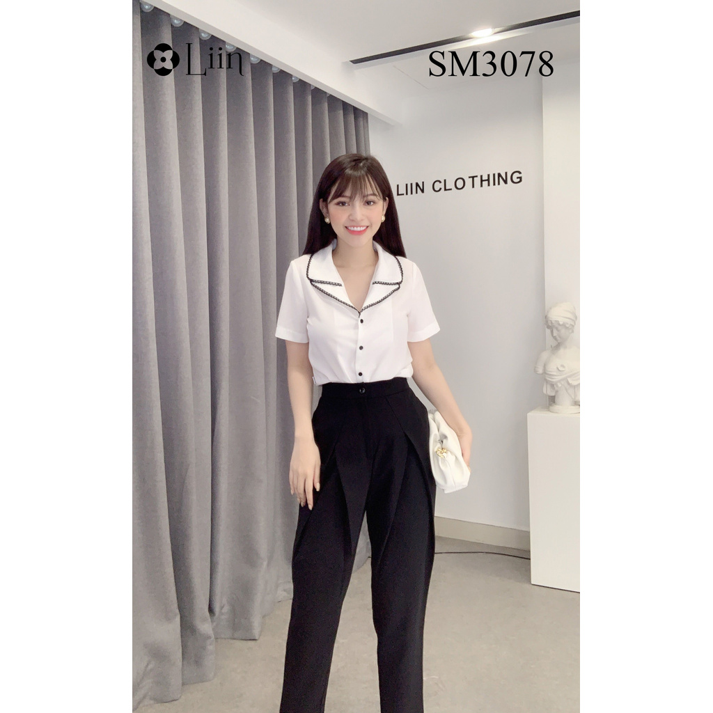 Áo sơ mi nữ màu Trắng Cổ Viền Đen cộc tay xinh xắn Liin Clothing SM3078