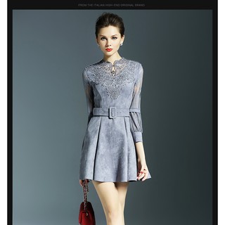 Đầm xòe da lộn phối ren