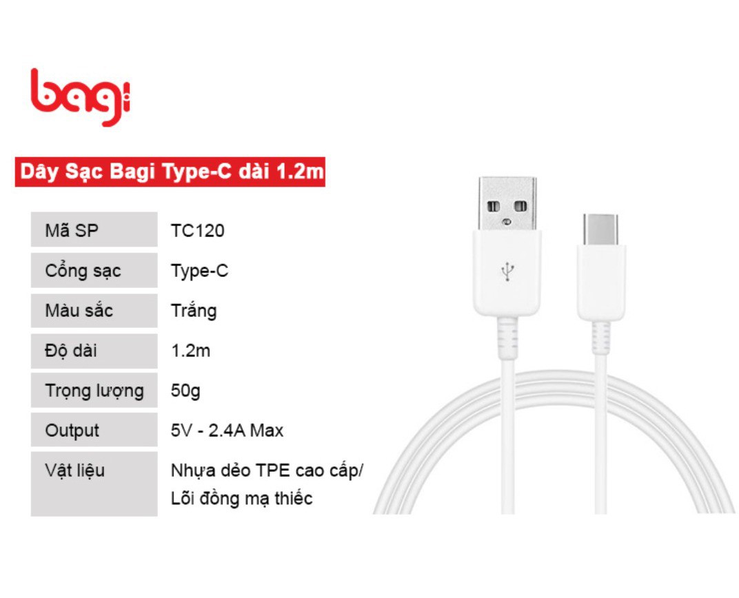 Cáp sạc USB Type C Bagi TC120 dài 120cm sạc siêu nhanh