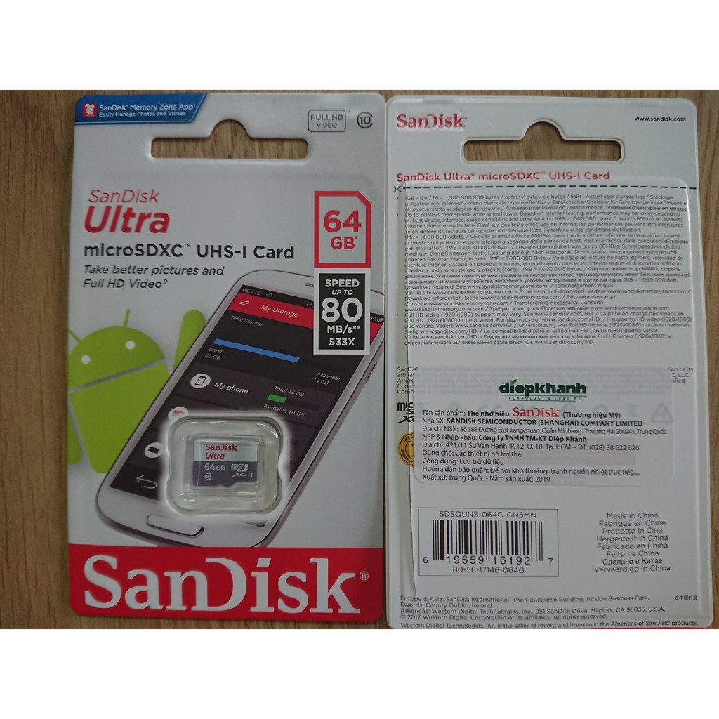 Thẻ nhớ SanDisk Ultra microSDHC, SQUNS 64GB, C10, UHS-I, 80MB/s - Đại lý chính hãng